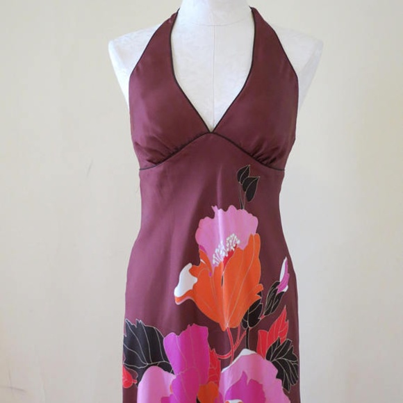 COPY - Brown Silk Floral Halter Dress - Picture 1 of 8